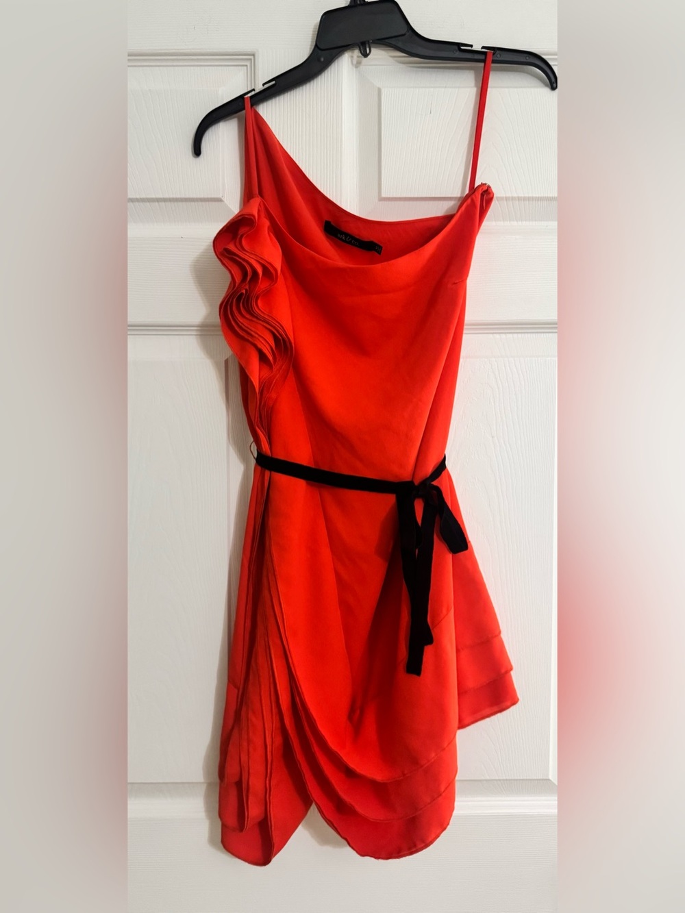 Ark & Co Coral One Shoulder Ruffle Cocktail Dress Belted M